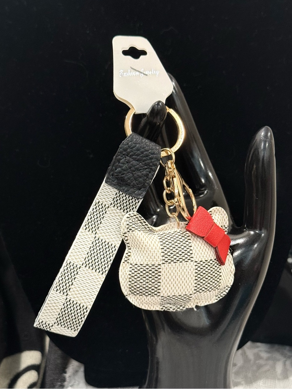 Plaid Cat Charm Keychain with Red Bow